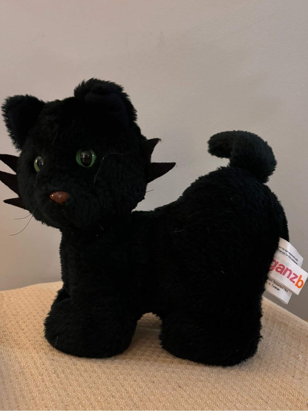 Vintage GANZ Black Plush Cat with Clear Green Eyes Whiskers